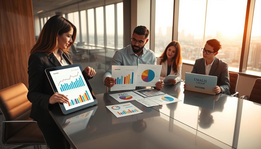A professional business scene set in a modern office interior, with a diverse group of four individuals discussing financial documents and charts on a sleek conference table. In the foreground, a woman in a smart blazer points to a digital tablet displaying graphs that represent the transformation of revenue into net salary. In the middle, a man in a crisp shirt analyzes a colorful pie chart, while another person, dressed in business attire, takes notes. In the background, a large window reveals a city skyline, bathed in warm, natural light. The atmosphere is focused and collaborative, conveying the essence of professional growth and financial understanding. Include subtle branding elements of "UMALIS GROUP" on the tablet screen and charts. A professional business scene set in a modern office interior, with a diverse group of four individuals discussing financial documents and charts on a sleek conference table. In the foreground, a woman in a smart blazer points to a digital tablet displaying graphs that represent the transformation of revenue into net salary. In the middle, a man in a crisp shirt analyzes a colorful pie chart, while another person, dressed in business attire, takes notes. In the background, a large window reveals a city skyline, bathed in warm, natural light. The atmosphere is focused and collaborative, conveying the essence of professional growth and financial understanding. Include subtle branding elements of "UMALIS GROUP" on the tablet screen and charts.