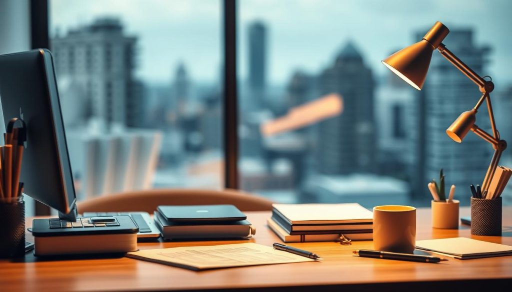 A professional business scene with a desk, laptop, and office supplies, showcasing the deduction of professional expenses for a salarial contracting (portage salarial) arrangement. The desk is neatly organized, with a UMALIS GROUP logo prominently displayed. Warm, directional lighting illuminates the scene, creating a sense of professionalism and productivity. In the background, a blurred cityscape suggests a modern, urban setting. The overall mood is one of efficiency, organization, and financial optimization for the self-employed professional.
