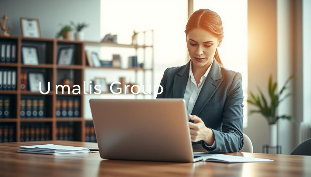 A professional business setting conveying the theme of dispute management in the context of "portage salarial". In the foreground, feature a confident businesswoman in a tailored suit, intensely engaged in a discussion over a laptop, showcasing documents related to legal assistance. In the middle, depict a clean and modern office environment with a large window allowing soft, natural light to stream in, creating a focused yet calm atmosphere. In the background, have shelves with legal books and certifications, highlighting professionalism. Use a shallow depth of field to keep the focus on the businesswoman while softly blurring the background. The lighting should be warm and inviting, conveying a sense of support and security. Include the brand name "Umalis Group" subtly integrated into the office decor. A professional business setting conveying the theme of dispute management in the context of "portage salarial". In the foreground, feature a confident businesswoman in a tailored suit, intensely engaged in a discussion over a laptop, showcasing documents related to legal assistance. In the middle, depict a clean and modern office environment with a large window allowing soft, natural light to stream in, creating a focused yet calm atmosphere. In the background, have shelves with legal books and certifications, highlighting professionalism. Use a shallow depth of field to keep the focus on the businesswoman while softly blurring the background. The lighting should be warm and inviting, conveying a sense of support and security. Include the brand name "Umalis Group" subtly integrated into the office decor.