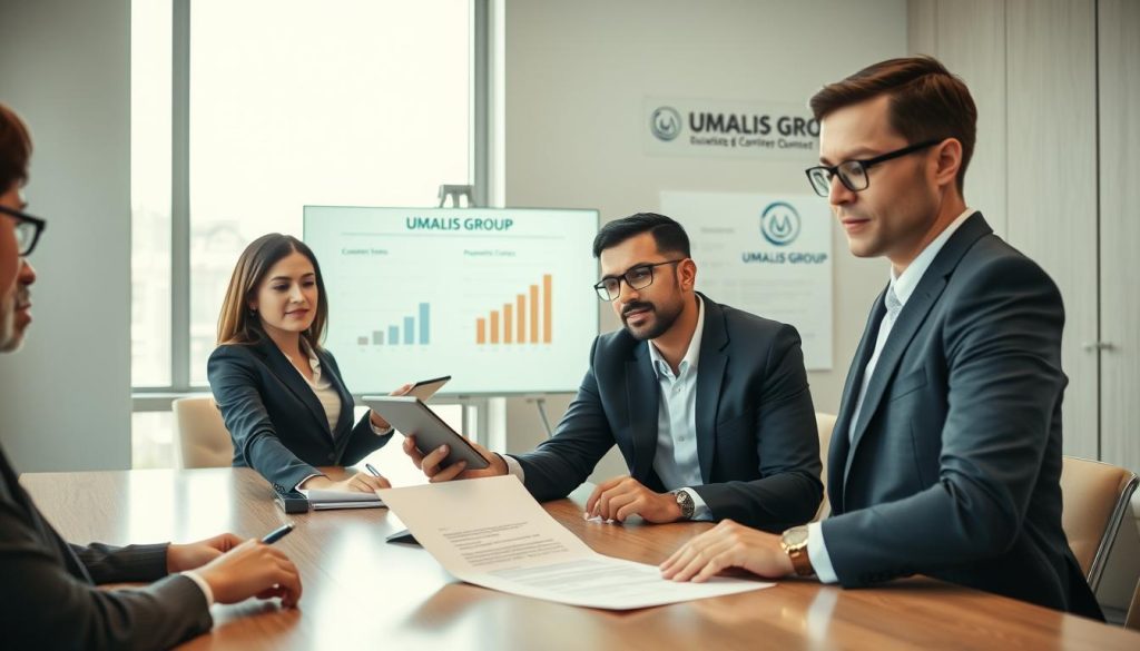 A professional business setting depicting a diverse group of individuals engaged in a negotiation around a large conference table. In the foreground, a confident woman in a tailored suit points at a contract document, highlighting key terms. A man in glasses, also dressed in business attire, takes notes on a tablet, his expression focused. In the middle ground, another participant casually gestures towards a digital presentation slide with graphs and figures illustrating payment terms. The background features large windows, allowing natural light to illuminate the room, adding a warm yet formal atmosphere. A logo for “UMALIS GROUP” is discreetly visible on a branding poster on the wall. The overall mood conveys professionalism and collaboration, emphasizing the importance of securing contracts and fair remuneration.