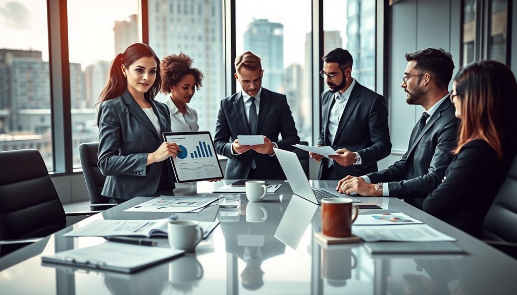 A professional business setting depicting a diverse group of individuals engaged in a discussion about "souscription assurance professionnelle." In the foreground, a confident woman in a tailored suit holds a tablet, showcasing charts related to insurance policies. Beside her, a well-dressed man reviews paperwork on a sleek desk. In the middle ground, a modern conference table with legal documents, coffee cups, and a laptop reflecting professionalism and collaboration. The background features large windows with natural light streaming in, illuminating a cityscape outside, suggesting growth and security. The atmosphere conveys a sense of trust, responsibility, and seriousness. The angle is slightly elevated, capturing both the participants and their workspace efficiently, promoting a feeling of engagement and professionalism without distractions.