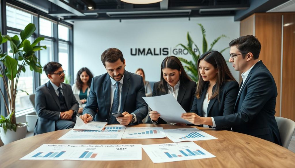A professional business setting depicting a diverse group of individuals engaged in discussion about retirement conditions and salary portage. Foreground features a round table with papers and charts illustrating cumulative employment and retirement scenarios. In the middle ground, two professionals in business attire—one male, one female—are analyzing documents, looking thoughtful and engaged. The background shows a well-lit office environment with modern decor, including green plants and large windows providing natural light. The atmosphere is focused and collaborative. A subtle branding element, "UMALIS GROUP," is present in the background on a stylish office wall. The scene captures a sense of professionalism and strategic planning, emphasizing the importance of understanding retirement options.