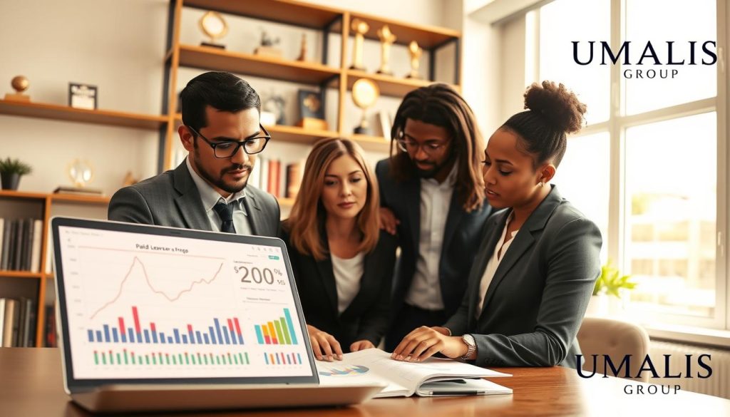 A professional business setting depicting a diverse group of three individuals—two men and one woman—analyzing financial documents and a laptop displaying charts on paid leave and revenue metrics in a bright, well-lit office. The foreground features colorful graphs and charts on the laptop screen, showing trends in paid leave and business revenue. In the middle, the individuals are engaged in discussion, dressed in smart business attire, with expressions of focus and determination. The background includes shelves filled with books and awards, suggesting a thriving professional environment. Soft, natural lighting filters in through large windows, creating a motivating atmosphere. At the corner of the image, include a discreet logo of "UMALIS GROUP".
