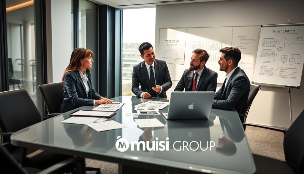 A professional business setting depicting a financial management scene. In the foreground, a diverse group of three individuals—one woman and two men—are engaged in a discussion around a sleek conference table covered with financial documents and a laptop displaying graphs. They are dressed in smart business attire, exuding a sense of professionalism and collaboration. The middle ground features a large window with soft natural light streaming in, illuminating the modern office space. In the background, there is a whiteboard with financial strategies diagrammed, emphasizing the theme of remuneration management and simulations. The atmosphere is focused and motivational, reflecting the importance of clear communication and strategic planning in the context of salary management and business growth. Include the logo of "Umalis Group" subtly integrated into the design.