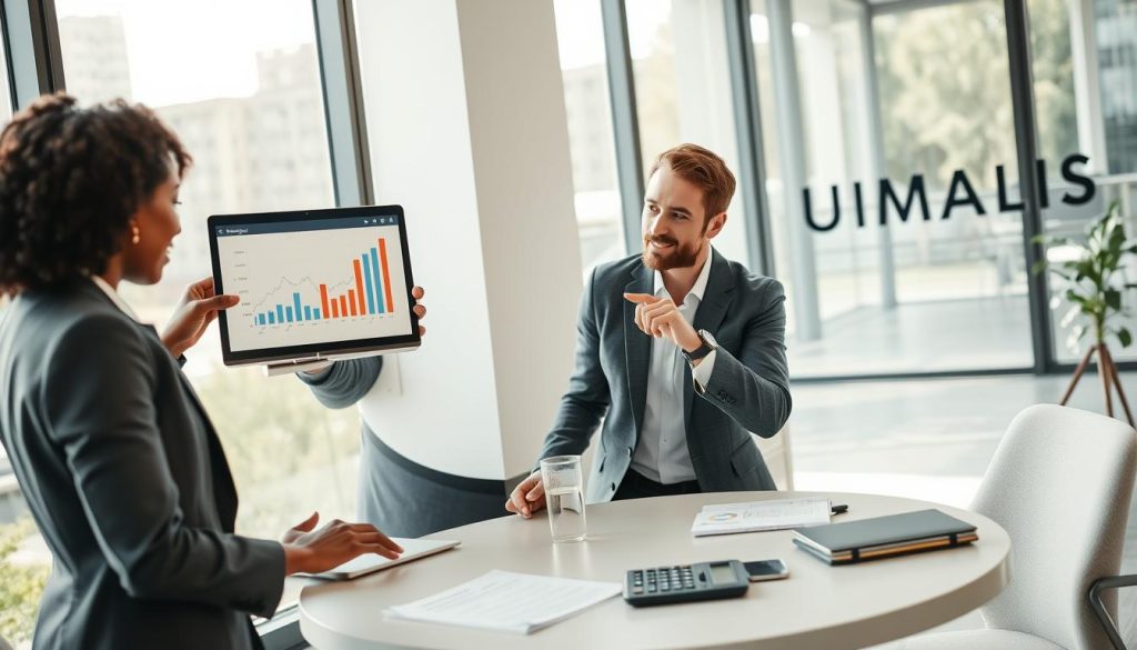 A professional business setting depicting a group of diverse freelancers engaged in a discussion about "rémunération minimale portage salarial". In the foreground, a Black woman in business attire is referring to a laptop displaying graphs and financial information. Beside her, a Caucasian man in smart casual wear is pointing at the screen, with a focused expression. In the middle ground, a round table with documents and a calculator, emphasizing financial planning and minimal remuneration. The background should feature a modern office environment with large windows allowing natural light to flood in, creating a bright and inviting atmosphere. The scene should convey collaboration and professionalism, embodying the essence of mutual support in the freelance community. Include subtle branding elements of "UMALIS GROUP" within the setting's decor.
