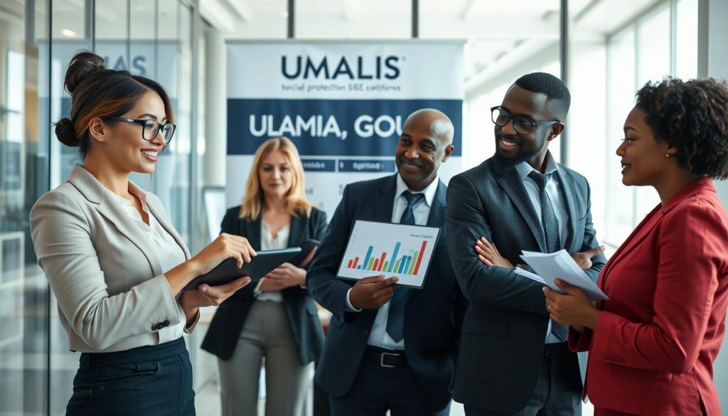 A professional business setting depicting a group of diverse individuals in smart business attire, engaged in a discussion about social security and employee rights. In the foreground, a confident businesswoman points at a digital tablet showcasing a graph about social protection benefits, while a middle-aged man nods attentively. In the middle ground, a large, modern office with glass walls allows natural light to flood the space, illuminating charts and documents related to social security. In the background, a banner displays the brand name "UMALIS GROUP" subtly. The atmosphere is collaborative and focused, with a sense of empowerment and professionalism, creating a positive mood for the session. The scene captures the essence of social protection in a corporate environment, using a wide-angle lens to encompass the full scope of interaction.