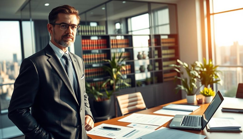 A professional business setting depicting a legal framework for "portage salarial." In the foreground, a confident lawyer in a tailored suit, standing next to a large table filled with legal documents, contracts, and a laptop displaying graphs. The middle ground shows a modern office with glass walls, a bookshelf filled with law books, and soft green plants for a touch of nature. The background features a city skyline through the windows, bathed in soft, natural light. The atmosphere is focused and serious, reflecting professionalism and the importance of legal compliance in employment conditions. Use a wide-angle lens to capture the entire scene, emphasizing the intricate details of the office environment. A professional business setting depicting a legal framework for "portage salarial." In the foreground, a confident lawyer in a tailored suit, standing next to a large table filled with legal documents, contracts, and a laptop displaying graphs. The middle ground shows a modern office with glass walls, a bookshelf filled with law books, and soft green plants for a touch of nature. The background features a city skyline through the windows, bathed in soft, natural light. The atmosphere is focused and serious, reflecting professionalism and the importance of legal compliance in employment conditions. Use a wide-angle lens to capture the entire scene, emphasizing the intricate details of the office environment.