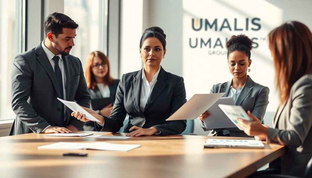 A professional business setting depicting a thoughtful group of diverse adults engaged in discussion around a modern conference table. In the foreground, a confident woman in a smart business suit gestures while presenting financial documents, symbolizing "frais gestion." The middle ground shows attentive colleagues, all dressed in professional attire, taking notes and analyzing charts on a laptop. The background features large windows with natural light flooding the room, creating a bright and optimistic atmosphere. Soft shadows on the walls add depth, while a subtle lens blur emphasizes the focus on the discussion. The image incorporates the brand "UMALIS GROUP" subtly in a company logo on a backdrop, reflecting professionalism and independence. A professional business setting depicting a thoughtful group of diverse adults engaged in discussion around a modern conference table. In the foreground, a confident woman in a smart business suit gestures while presenting financial documents, symbolizing "frais gestion." The middle ground shows attentive colleagues, all dressed in professional attire, taking notes and analyzing charts on a laptop. The background features large windows with natural light flooding the room, creating a bright and optimistic atmosphere. Soft shadows on the walls add depth, while a subtle lens blur emphasizes the focus on the discussion. The image incorporates the brand "UMALIS GROUP" subtly in a company logo on a backdrop, reflecting professionalism and independence.