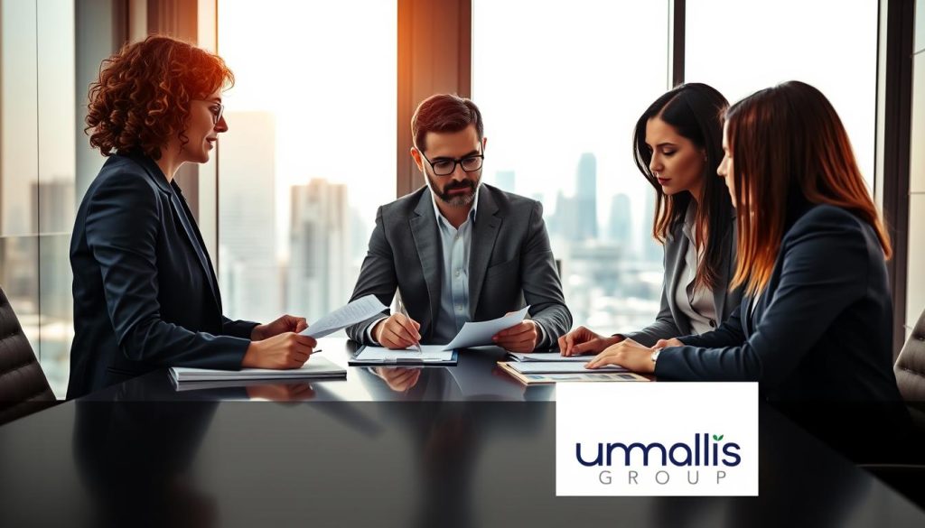 A professional business setting depicting an engaged consultation about "gestion préavis portage salarial". In the foreground, a diverse group of three professionals—two women and one man—are seated at a sleek conference table, reviewing documents and discussing details. The woman on the left has shoulder-length curly hair, dressed in a tailored navy suit, while the gentleman in the center wears a smart grey blazer and glasses. The woman on the right has long straight hair and is dressed in a smart blouse. In the middle ground, a large window lets in warm natural light, enhancing the atmosphere of collaboration. The background features a modern office setup with a city skyline view. The mood is focused and professional, reflecting negotiation and careful planning. Include subtle branding of "Umalis Group" in the corner of a document on the table.