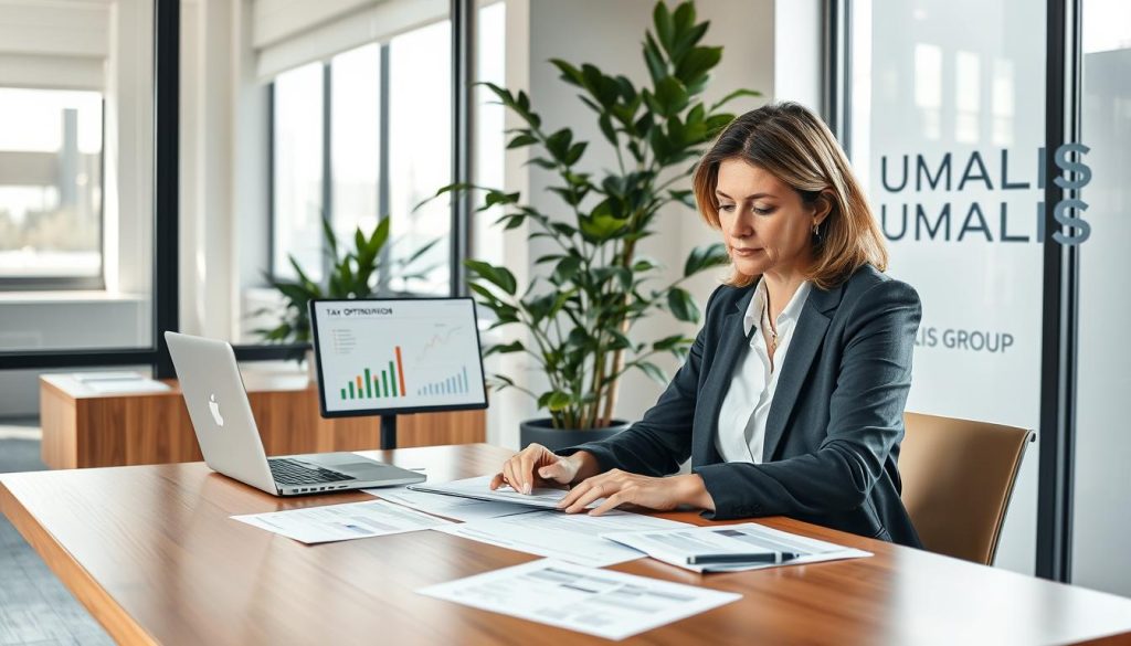 A professional business setting depicting an independent consultant at a sleek wooden desk, reviewing financial documents and a laptop displaying tax optimization graphs and charts. The foreground features the consultant, a middle-aged Caucasian woman in business attire, focused and engaged in her work. In the middle, a large potted plant adds a touch of greenery, while tax-related paperwork is neatly organized around the desk. The background shows a modern office with large windows, allowing soft, natural light to illuminate the scene, reflecting a productive atmosphere. The branding "UMALIS GROUP" is subtly incorporated into the décor, suggesting a connection to fiscal expertise. The mood is focused and motivational, inviting viewers to explore practical tips for optimizing their fiscal regime.