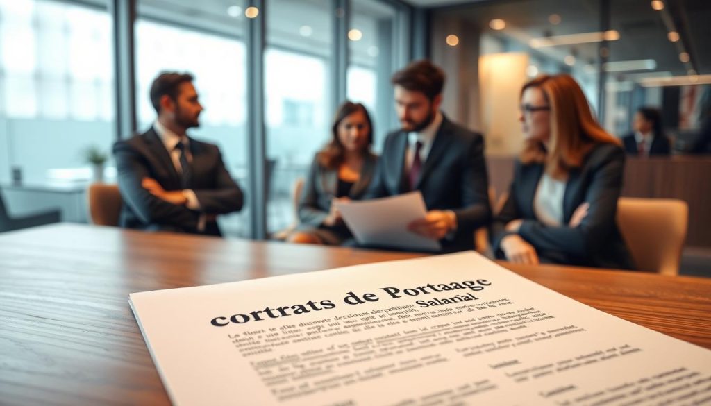 A professional business setting depicting contracts related to "portage salarial." In the foreground, a close-up view of a contract document, clearly showing the heading "Contrats de Portage Salarial," emphasizing legal text and signatures, all on a sleek wooden desk. In the middle ground, a diverse group of professionals in business attire—two men and one woman—discussing the contract, with expressions of collaboration and understanding. The background features a modern office environment with glass walls and soft natural lighting filtering through, enhancing a sense of security and transparency. The atmosphere is serious yet optimistic, reflecting professional relationships and the balance of security and freedom in freelance work. Include a discreet logo of "UMALIS GROUP" in one corner of the contract.