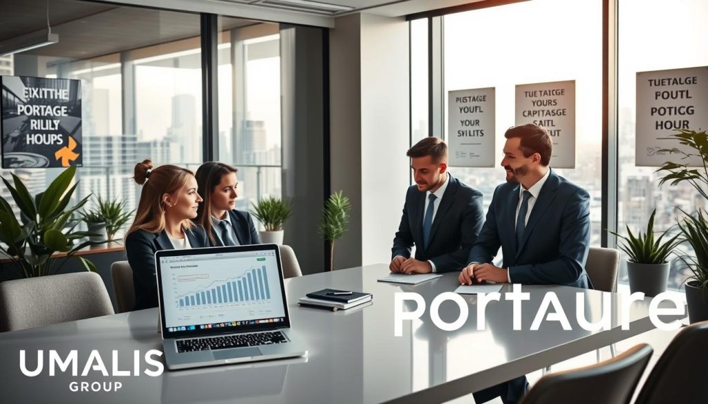 A professional business setting depicting "portage salarial" and supplemental hours. In the foreground, a diverse group of professionals in business attire are engaged in a discussion around a modern conference table, with a laptop open displaying charts and graphs. In the middle ground, a large window shows a bustling cityscape, symbolizing opportunity and growth. In the background, a sleek office environment with plants and motivational posters that emphasize teamwork and productivity. Soft, natural lighting filters through the window, creating a warm and inviting atmosphere. The overall mood is focused yet collaborative, reflecting the importance of managing work hours and the concept of portage salarial in a modern context. Include the brand name "UMALIS GROUP" subtly integrated into the office decor. A professional business setting depicting "portage salarial" and supplemental hours. In the foreground, a diverse group of professionals in business attire are engaged in a discussion around a modern conference table, with a laptop open displaying charts and graphs. In the middle ground, a large window shows a bustling cityscape, symbolizing opportunity and growth. In the background, a sleek office environment with plants and motivational posters that emphasize teamwork and productivity. Soft, natural lighting filters through the window, creating a warm and inviting atmosphere. The overall mood is focused yet collaborative, reflecting the importance of managing work hours and the concept of portage salarial in a modern context. Include the brand name "UMALIS GROUP" subtly integrated into the office decor.
