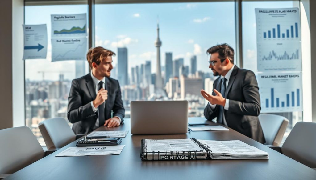 A professional business setting depicting the challenges and controversies of freelance work through portage salarial in France. In the foreground, a diverse group of three businesspeople in professional attire engage in a heated discussion around a modern conference table, with papers and a laptop open in front of them. The middle ground features a large window showing a city skyline, symbolizing opportunity and growth. The background has thematic elements like regulatory documents and graphs illustrating market trends, subtly highlighting the complexities of the industry. The lighting is bright and focused, evoking a serious yet hopeful atmosphere. The image should subtly include the brand "PORTAGE AI" on a notebook placed on the table, without any logos or text overlays.
