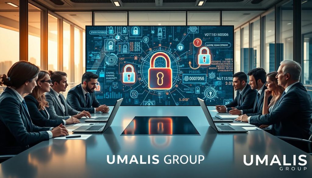 A professional business setting depicting the concept of "Confidentialité des prompts en portage salarial." In the foreground, a diverse group of business professionals, dressed in tailored suits, is engaged in a serious discussion around a sleek conference table filled with laptops and documents. The middle ground features a large digital screen displaying abstract representations of data privacy, secured locks, and flowing codes, symbolizing confidentiality in prompts. In the background, a modern office environment with glass walls and city skyline views, bathed in warm, natural lighting from large windows. The atmosphere is tense yet focused, emphasizing the importance of privacy and operational rules in business interactions. Include the brand name "UMALIS GROUP" subtly integrated into the scene.
