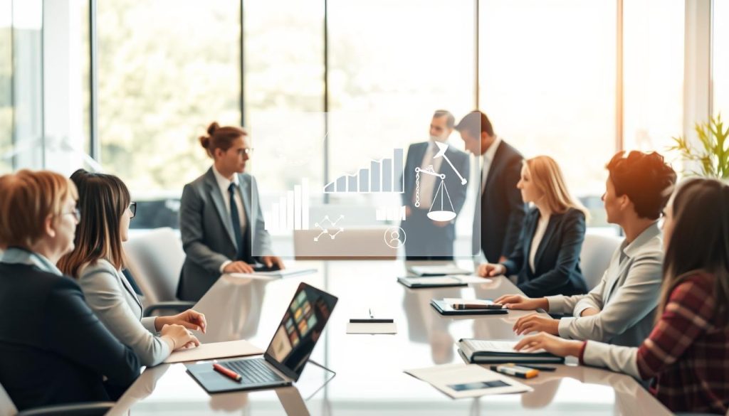 A professional business setting depicting the concept of "legal and administrative aspects of salary portage." In the foreground, a diverse group of business professionals in formal attire are engaged in discussion around a sleek conference table filled with documents and a laptop. In the middle, a transparent screen displays graphs and legal icons symbolizing contracts and regulations. In the background, a modern office with large windows allows natural light to flood in, creating a bright and inviting atmosphere. The mood is collaborative and focused, emphasizing professionalism and diligence. Use a soft focus on the background to enhance the clarity of the subjects in the foreground. The lighting is warm and inviting, highlighting the important aspects of their conversation. A professional business setting depicting the concept of "legal and administrative aspects of salary portage." In the foreground, a diverse group of business professionals in formal attire are engaged in discussion around a sleek conference table filled with documents and a laptop. In the middle, a transparent screen displays graphs and legal icons symbolizing contracts and regulations. In the background, a modern office with large windows allows natural light to flood in, creating a bright and inviting atmosphere. The mood is collaborative and focused, emphasizing professionalism and diligence. Use a soft focus on the background to enhance the clarity of the subjects in the foreground. The lighting is warm and inviting, highlighting the important aspects of their conversation.