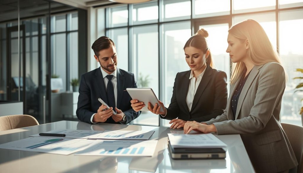 A professional business setting depicting the concept of "portage salarial coût." In the foreground, a diverse group of three business professionals, one male and two female, dressed in smart business attire, are engaged in a discussion over a tablet displaying financial data. The middle layer features a sleek desk with documents and charts related to salary calculations and professional fees, indicating the theme of estimating costs. The background shows a modern office with large windows letting in natural light, casting a warm glow over the scene. Soft shadows enhance the depth of the image, creating an inviting atmosphere. The overall mood is focused and analytical, ideal for understanding the complexities of employment costs in the tech industry. Include subtle branding elements of "UMALIS GROUP" within the office decor for context.