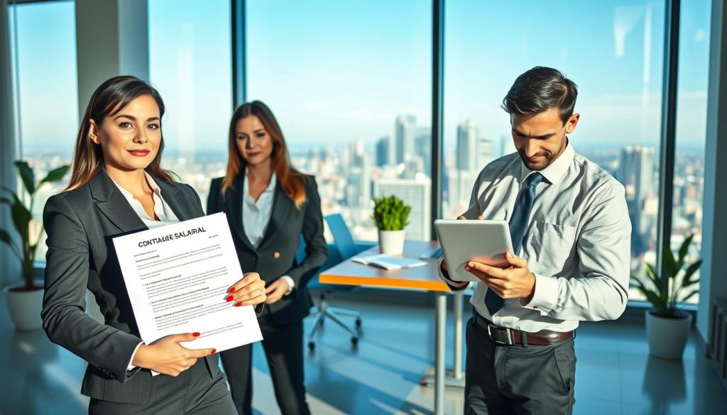 A professional business setting depicting the concept of "portage salarial" regulation. In the foreground, a confident woman in a business suit holds a legal document, symbolizing contracts and obligations, while a man in smart casual attire reviews figures on a tablet. In the middle, a modern office space featuring a large desk with a laptop, papers, and a potted plant. In the background, a large window with cityscape views under a clear blue sky, hinting at financial opportunities. Soft, natural lighting creates a productive atmosphere, casting gentle shadows. The mood is serious yet optimistic, reflecting the stability and assurance offered by regulations in financial security. A professional business setting depicting the concept of "portage salarial" regulation. In the foreground, a confident woman in a business suit holds a legal document, symbolizing contracts and obligations, while a man in smart casual attire reviews figures on a tablet. In the middle, a modern office space featuring a large desk with a laptop, papers, and a potted plant. In the background, a large window with cityscape views under a clear blue sky, hinting at financial opportunities. Soft, natural lighting creates a productive atmosphere, casting gentle shadows. The mood is serious yet optimistic, reflecting the stability and assurance offered by regulations in financial security.