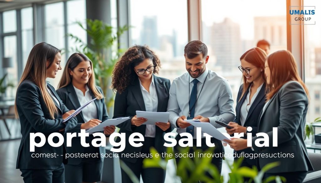 A professional business setting depicting the concept of "portage salarial" with an emphasis on its advantages for professionals. In the foreground, a group of diverse professionals in smart business attire, discussing and collaborating over documents and laptops, exuding a sense of empowerment and teamwork. In the middle ground, a modern office space with sleek furnishings, large windows allowing natural light to flood in, and greenery adding a touch of freshness. In the background, a blurred view of a city skyline further emphasizes a thriving business environment. The overall mood is optimistic and professional, showcasing the dynamic and supportive nature of UMALIS GROUP, uplifting the theme of social protection through innovative employment solutions.