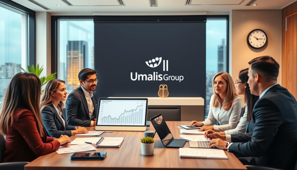 A professional business setting depicting the concept of "portage salarial" with an emphasis on financial security and worker protection. In the foreground, a diverse group of individuals in professional business attire, engaged in a thoughtful discussion around a table filled with documents and a laptop displaying financial graphs. In the middle, an elegant office backdrop with large windows showing a cityscape, glowing warmly with natural light, symbolizing opportunity. Subtle details like a potted plant and a modern clock add to the ambiance. In the background, the "Umalis Group" logo is subtly integrated into the décor, enhancing brand recognition. The atmosphere is one of collaboration and empowerment, conveying a sense of security and independence for workers in the portage salarial system.