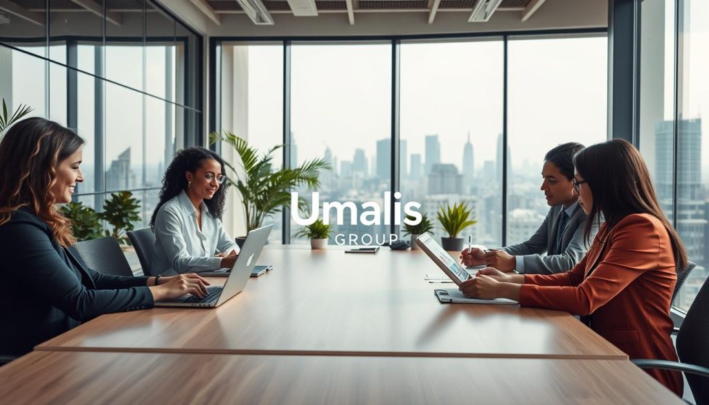 A professional business setting depicting the concept of 'social protection and security' within the context of salary portage, featuring a diverse group of three individuals in business attire engaged in a collaborative discussion around a large conference table. The foreground showcases a woman using a laptop, while a man displays graphs on a tablet, and another woman takes notes. The middle ground includes a modern office space with potted plants and glass walls, creating a vibrant and dynamic atmosphere. In the background, large windows reveal a city skyline, symbolizing growth and opportunity. Soft, natural lighting pours in from the windows, enhancing the professional yet welcoming mood. Incorporate the Umalis Group logo subtly in the environment without text overlays.