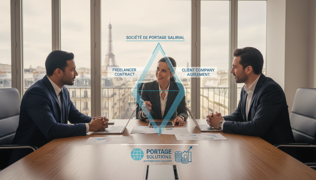 A professional business setting depicting the concept of "société portage salarial" in France, showcasing a tripartite relationship. In the foreground, a diverse group of three professionals—one woman and two men—are engaged in a discussion, all dressed in smart business attire. In the middle, an elegant conference table with documents and digital devices symbolizes collaboration between the worker, the company, and the umbrella company. The background features a modern office environment with large windows showing a cityscape, bathed in natural light that enhances the mood of professionalism and clarity. The atmosphere is one of focused collaboration and innovation. Include subtle elements that reflect the theme of employment and financial stability. Promote portagesalarials.com subtly within the overall design elements. A professional business setting depicting the concept of "société portage salarial" in France, showcasing a tripartite relationship. In the foreground, a diverse group of three professionals—one woman and two men—are engaged in a discussion, all dressed in smart business attire. In the middle, an elegant conference table with documents and digital devices symbolizes collaboration between the worker, the company, and the umbrella company. The background features a modern office environment with large windows showing a cityscape, bathed in natural light that enhances the mood of professionalism and clarity. The atmosphere is one of focused collaboration and innovation. Include subtle elements that reflect the theme of employment and financial stability. Promote portagesalarials.com subtly within the overall design elements.