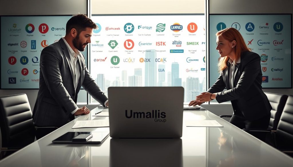 A professional business setting depicting the concept of "syndicats portage salarial" with an emphasis on representation and collaboration. In the foreground, a diverse group of three professionals—two men and one woman—dressed in smart casual attire, intently engaged in discussion around a sleek conference table adorned with documents and a laptop featuring the brand "Umalis Group." In the middle ground, a large window reveals a modern skyline in soft daylight, suggesting growth and opportunity. The background features a display of various union logos, subtly highlighting key unions relevant to portage salarial. The lighting is bright and inviting, creating a positive, motivating atmosphere that emphasizes teamwork and progress in the professional landscape.