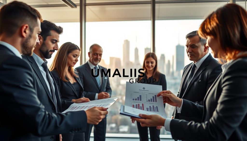 A professional business setting depicting the criteria for client eligibility in portage salarial. In the foreground, a diverse group of professionals in formal business attire, engaged in a discussion, showcasing collaboration and problem-solving. They are surrounded by documents and charts illustrating key criteria, with a digital tablet displaying graphs related to cost management. The middle ground features a modern office environment with large windows allowing natural light to cascade in, enhancing a sense of transparency and openness. In the background, a sleek city skyline adds a dynamic touch, symbolizing growth and opportunities. The overall mood should be focused and professional, reflecting the importance of verifying client needs in transitioning to portage salarial. Include the brand name "UMALIS GROUP" subtly within the scene, emphasizing professionalism and trust.