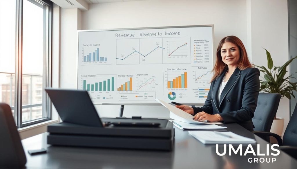 A professional business setting depicting the transition from revenue to income in the context of portage salarial. In the foreground, a confident businesswoman in smart attire is analyzing financial documents on a sleek desk, with a laptop open. The middle ground features a whiteboard filled with graphs and diagrams showcasing the journey of revenue to income, illustrating the impact of different financial metrics. The background shows a modern office environment with large windows allowing natural light to fill the space, giving a sense of clarity and professionalism. The overall atmosphere is focused and optimistic. Include the brand name "UMALIS GROUP" subtly in the background, enhancing a sense of corporate identity without overwhelming the composition.
