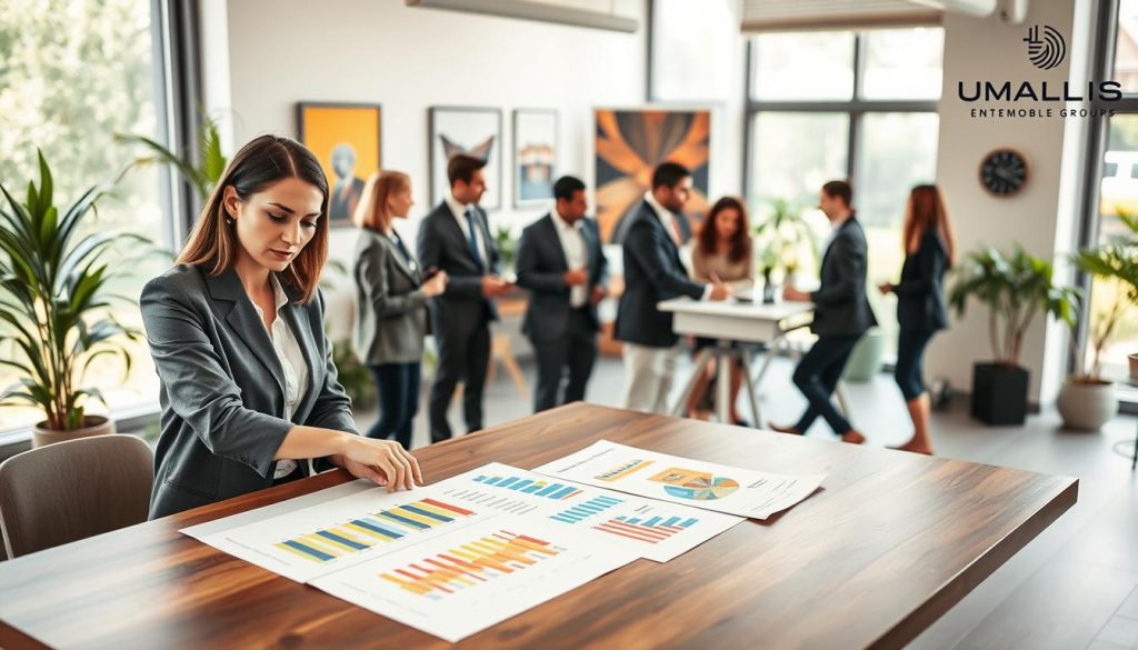 A professional business setting depicting various "micro-entrepreneurship income thresholds" in France. In the foreground, a confident businesswoman in smart casual attire analyzing vibrant charts and graphs spread across a sleek wooden table. In the middle ground, a group of diverse professionals engaged in a discussion, illustrating teamwork and collaboration in understanding fiscal policies. In the background, a modern office space with large windows allowing natural light to pour in, filled with greenery and inspiring artwork. The atmosphere is supportive and focused, reflecting a positive environment for independent entrepreneurs. The brand name "UMALIS GROUP" is subtly integrated into the surroundings, hinting at the entrepreneurial spirit. Shot at an angle that emphasizes depth, using soft lighting to create a welcoming ambiance. A professional business setting depicting various "micro-entrepreneurship income thresholds" in France. In the foreground, a confident businesswoman in smart casual attire analyzing vibrant charts and graphs spread across a sleek wooden table. In the middle ground, a group of diverse professionals engaged in a discussion, illustrating teamwork and collaboration in understanding fiscal policies. In the background, a modern office space with large windows allowing natural light to pour in, filled with greenery and inspiring artwork. The atmosphere is supportive and focused, reflecting a positive environment for independent entrepreneurs. The brand name "UMALIS GROUP" is subtly integrated into the surroundings, hinting at the entrepreneurial spirit. Shot at an angle that emphasizes depth, using soft lighting to create a welcoming ambiance.