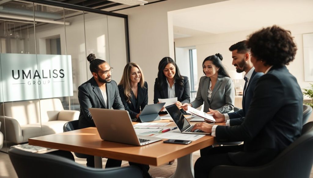 A professional business setting emphasizing personalized expertise in portage salarial. In the foreground, a diverse group of consultants in sharp, tailored business attire, engaging in a discussion around a table filled with laptops, charts, and documents. The middle ground features a large window with natural light streaming in, casting soft shadows, creating an inviting and focused atmosphere. In the background, a modern office with comfortable seating and subtle branding of "UMALIS GROUP" on a glass partition. The mood is collaborative and supportive, showcasing empowerment and independence. The image should have a warm color palette, with a soft-focus effect to enhance the professional ambiance.