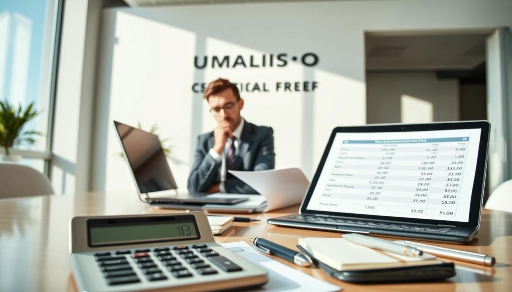 A professional business setting featuring a clear view of a modern office desk with essential financial documents and a calculator displaying figures related to management fees. In the foreground, a laptop is open, showcasing a financial spreadsheet, with a stylish pen and a notepad beside it. The middle ground includes a focused individual dressed in smart business attire, intently examining the documents with a thoughtful expression. Behind, large windows allow natural light to flood the room, casting gentle shadows, creating a calm and productive atmosphere. Subtle branding displays the name “UMALIS GROUP” on a wall. The image conveys clarity, professionalism, and focus on financial management, evoking a sense of confidence in understanding business expenses.
