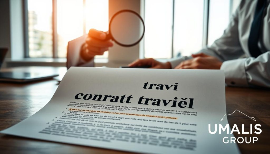 A professional business setting featuring a close-up of a "contrat travail" document, elegantly placed on a wooden desk. In the foreground, the contract is detailed with visible sections, bullet points, and highlighted key terms to reflect its importance. In the middle ground, a pair of hands in formal attire, such as crisp white shirts, are examining the contract with a magnifying glass, suggesting diligence and attention to detail. The background softly blurs to reveal a modern office environment with natural lighting streaming through large windows, creating a warm and focused atmosphere. A logo of "UMALIS GROUP" is subtly integrated into the scene, enhancing the professional theme without drawing attention away from the central document. The mood is serious yet optimistic, symbolizing a crucial step in a career transition.