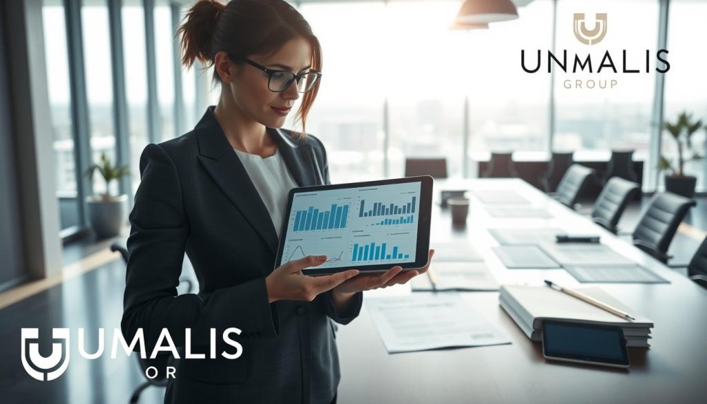 A professional business setting featuring a comparative analysis of real estate and legal fees. In the foreground, a well-dressed businesswoman examines a digital tablet displaying charts and graphs about pricing structures. In the middle ground, a large conference table is covered with documents, including real estate listings and legal contracts, emphasizing optimization strategies. The background reveals a modern office with large windows allowing natural light to flood in, creating a bright and inviting atmosphere. Soft shadows enhance the professional mood, while a subtle color palette of blues and greys conveys trust and sophistication. The logo of "UMALIS GROUP" is subtly integrated into the scene, further underscoring the professional context.