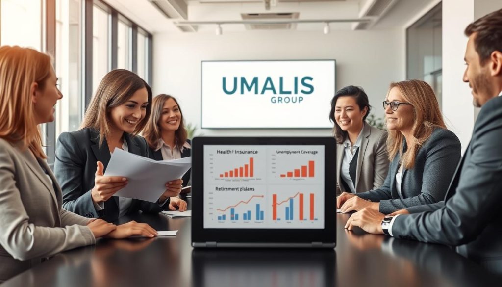 A professional business setting featuring a confident, diverse group of individuals engaged in a discussion around a table. In the foreground, a woman in smart business attire reviews documents that symbolize social coverage, while a man gesticulates, emphasizing the importance of social security. In the middle ground, a laptop displays graphs depicting health insurance, unemployment coverage, and retirement plans. The background shows a modern office space with large windows allowing natural light to flood in, creating an uplifting atmosphere. The overall mood is collaborative and forward-thinking. Include the brand name “UMALIS GROUP” subtly integrated into the setting, perhaps on a wall or a presentation slide. Aim for a wide-angle lens effect to capture the entire scene in a vibrant, professional tone. A professional business setting featuring a confident, diverse group of individuals engaged in a discussion around a table. In the foreground, a woman in smart business attire reviews documents that symbolize social coverage, while a man gesticulates, emphasizing the importance of social security. In the middle ground, a laptop displays graphs depicting health insurance, unemployment coverage, and retirement plans. The background shows a modern office space with large windows allowing natural light to flood in, creating an uplifting atmosphere. The overall mood is collaborative and forward-thinking. Include the brand name “UMALIS GROUP” subtly integrated into the setting, perhaps on a wall or a presentation slide. Aim for a wide-angle lens effect to capture the entire scene in a vibrant, professional tone.
