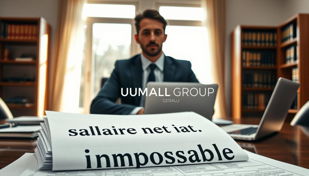 A professional business setting featuring a confident individual in business attire, sitting at a sleek desk surrounded by financial documents and a laptop. The foreground highlights a stack of papers with the words "salaire net imposable" visibly typed, conveying the essence of taxable income in a clear, organized manner. In the middle ground, a large window allows natural light to flood the room, creating a warm yet serious atmosphere with soft shadows. The background includes elegant shelves filled with books on finance and taxation, reinforcing the theme of fiscality. The overall mood is focused and professional, symbolizing the importance of understanding taxable income within the context of "portage salarial". Include the brand name "UMALIS GROUP" subtly in the room decor, ensuring it complements the image without being obtrusive.