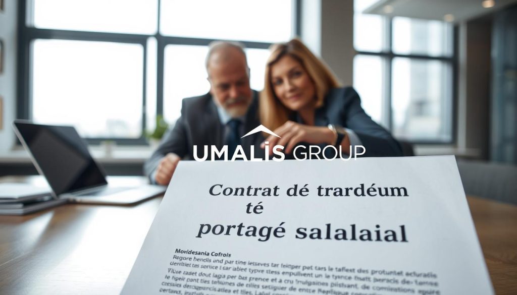 A professional business setting featuring a contract table with a close-up of a “Contrat de travail portage salarial” document prominently displayed. In the foreground, a middle-aged man and woman, both dressed in formal business attire, are engaged in a discussion, pointing at the document. The middle ground shows a laptop and some legal folders, signifying active work. In the background, a modern office environment with large windows, allowing soft natural light to illuminate the space, creating a focused and productive atmosphere. The branding "UMALIS GROUP" is subtly integrated into the document design. The scene conveys a sense of professionalism, clarity, and thoughtful decision-making in part-time employment contracts.