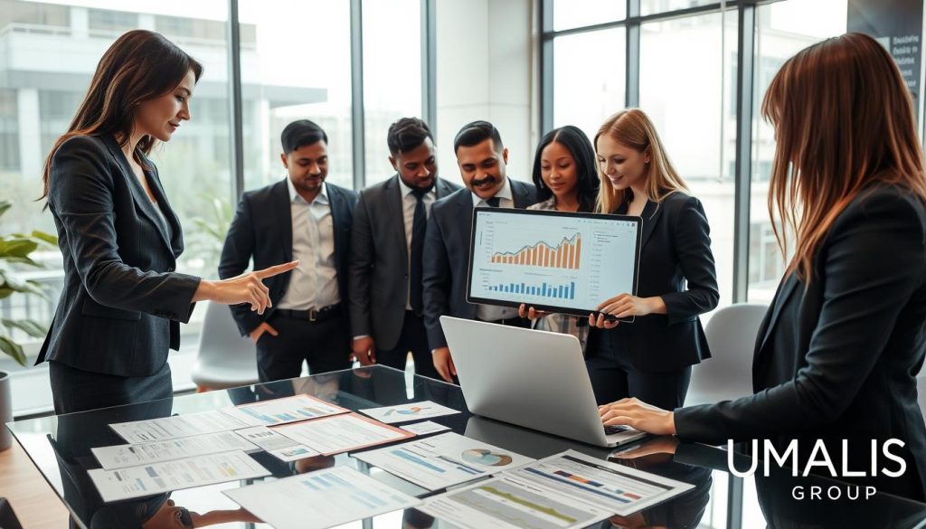 A professional business setting featuring a diverse group of advisors in smart business attire engaged in a discussion about individualized "portage salarial" strategies. In the foreground, a well-dressed woman pointing to documents on a sleek glass table filled with financial charts and reports. In the middle, a group of three advisors—one Asian man, one Black woman, and one Caucasian woman—leaning in, exchanging ideas while looking at a laptop screen displaying simulation graphs. In the background, a modern office with large windows allowing natural light, creating a bright and inspiring atmosphere. Soft, diffused lighting enhances the clarity of facial expressions, capturing a collaborative and focused mood. The branding "UMALIS GROUP" subtly incorporated into the design elements of the workspace.