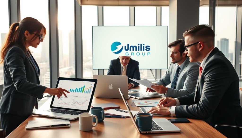 A professional business setting featuring a diverse group of executives in business attire, engaged in a detailed cost review of salaries, fees, and social security systems. In the foreground, a female executive points at a laptop screen displaying charts and financial graphs. In the middle, three colleagues analyze documents and discuss intently, surrounded by a conference table cluttered with laptops, notepads, and coffee mugs. In the background, large windows offer a view of a modern cityscape bathed in natural light, giving a sense of depth to the scene. The atmosphere is focused and collaborative, emphasizing strategic discussion and planning. The Umalis Group logo subtly featured on a presentation slide in the background enhances brand recognition. The lens should capture a warm ambiance, with soft lighting highlighting the individuals' expressions of concentration.