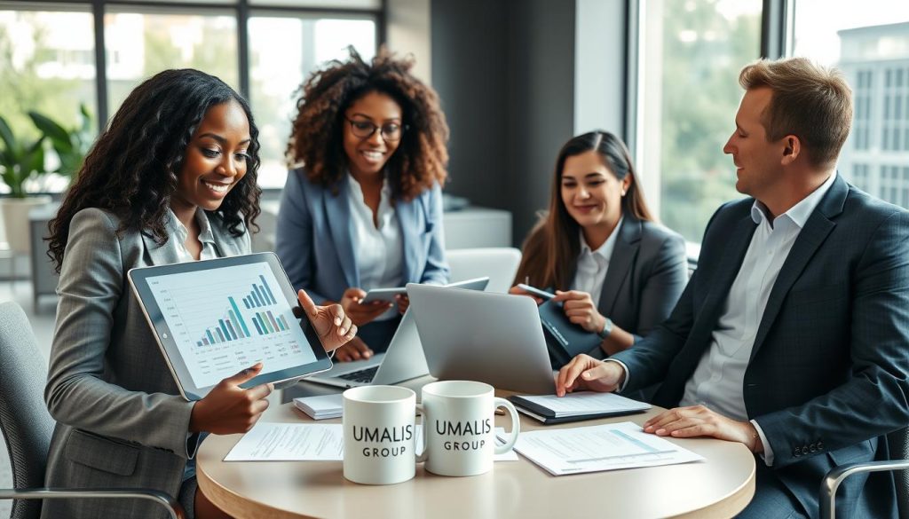 A professional business setting featuring a diverse group of freelancers engaged in a dynamic discussion about price optimization strategies. In the foreground, a confident African American woman in a tailored blazer points to a digital tablet displaying graphs and pricing models, while a Caucasian man in business casual attire takes notes. In the middle, a round table filled with documents, laptops, and a coffee mug showcasing the logo "UMALIS GROUP". The background includes a bright, modern office with large windows allowing natural light to flood the space, creating an atmosphere of collaboration and professionalism. The mood is energetic and focused, emphasizing negotiation and strategic planning with a clear view of the topic at hand.