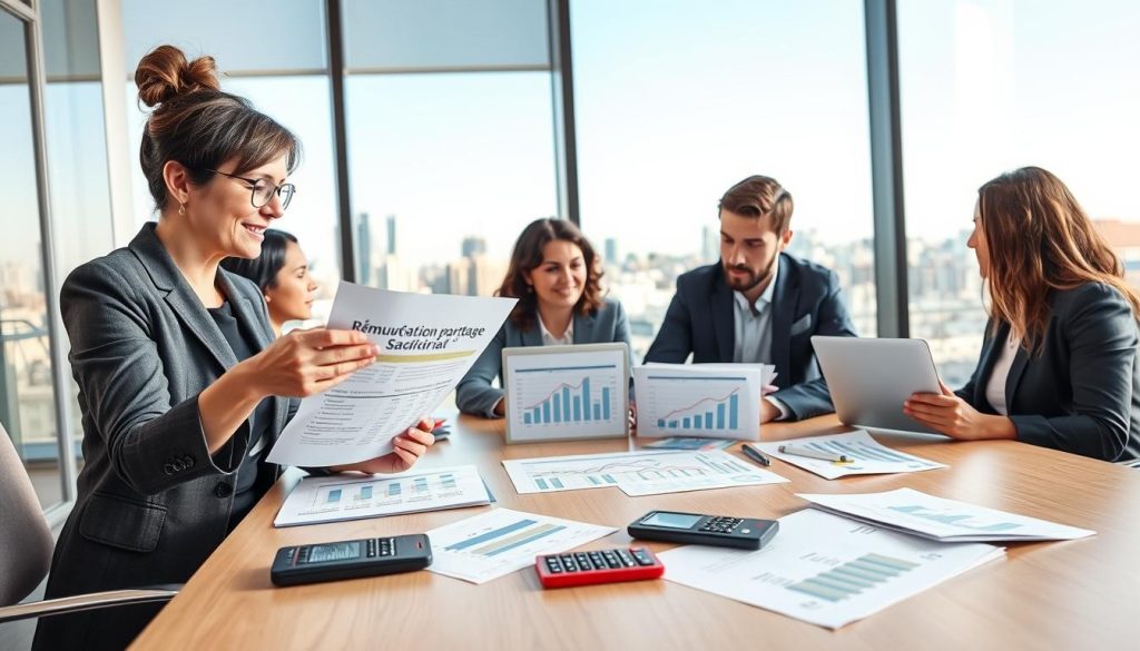 A professional business setting featuring a diverse group of individuals discussing "rémunération portage salarial" around a modern conference table. In the foreground, a middle-aged woman in smart business attire gestures towards a financial report. Beside her, a young man analyzes a laptop, displaying charts that represent minimum salary and compensation details. The middle ground shows documents and calculators, emphasizing the importance of accurate financial understanding. In the background, a large window reveals a cityscape with a clear blue sky, adding brightness to the atmosphere. The lighting is warm and inviting, creating a collaborative mood. Include the Umalis Group logo subtly placed on one of the documents, ensuring no text or watermarks distract from the scene's professional essence.