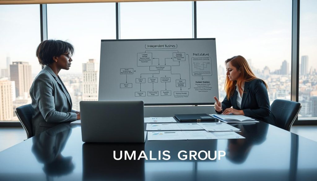 A professional business setting featuring a diverse group of individuals engaged in a discussion about legal frameworks and business structures. In the foreground, a mixed-gender group of three professionals in formal business attire—one is a Black woman with short hair, another is an Asian man with glasses, and a Hispanic woman with long hair. They are gathered around a sleek conference table covered with documents and a laptop, showcasing legal papers and charts related to independent business statuses. In the middle, a large whiteboard displays flowcharts and diagrams illustrating various legal statuses and frameworks, while in the background, large windows provide a view of a city's skyline during the day. The lighting is bright and professional, creating a focused and collaborative mood. The brand name "UMALIS GROUP" is subtly integrated into some documents on the table.