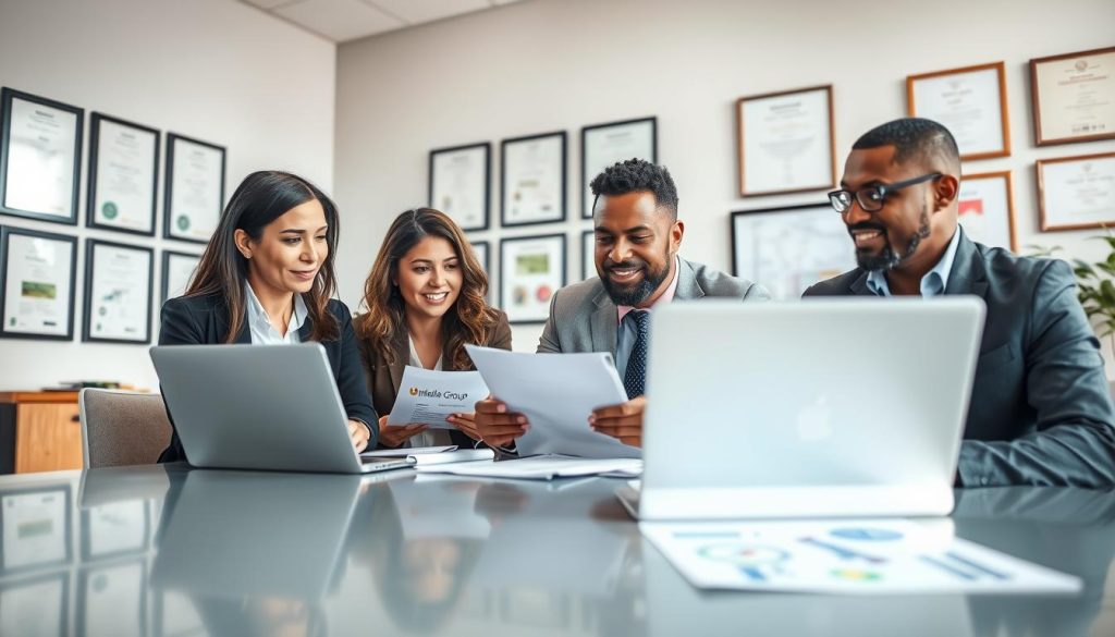 A professional business setting featuring a diverse group of individuals engaged in a discussion about selecting professional services. In the foreground, two professionals – one woman of Asian descent and one man of African descent – are reviewing documents at a sleek conference table filled with laptops, charts, and a brochure from "Umalis Group". The middle layer showcases a large window with natural light illuminating the room, casting a warm and inviting atmosphere. In the background, walls adorned with framed certifications and awards emphasize professionalism and achievement. The overall mood is one of collaboration and focus, with a slight depth of field blurring the background gently. The perspective is slightly elevated, creating an engaging and dynamic visual.