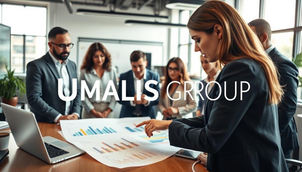 A professional business setting featuring a diverse group of individuals engaged in a collaborative discussion over a large business plan. In the foreground, a well-dressed woman points to key sections of a colorful, detailed business plan displayed on a table. The middle ground includes a laptop and financial graphs, with a diverse group of professionals attentively listening and taking notes. The background shows a bright office environment with modern decor and natural light streaming through large windows. The atmosphere conveys focus and ambition, symbolizing creativity and strategic planning for entrepreneurs. The scene includes the brand name "UMALIS GROUP" subtly integrated into a visual element like a notebook or screen. A professional business setting featuring a diverse group of individuals engaged in a collaborative discussion over a large business plan. In the foreground, a well-dressed woman points to key sections of a colorful, detailed business plan displayed on a table. The middle ground includes a laptop and financial graphs, with a diverse group of professionals attentively listening and taking notes. The background shows a bright office environment with modern decor and natural light streaming through large windows. The atmosphere conveys focus and ambition, symbolizing creativity and strategic planning for entrepreneurs. The scene includes the brand name "UMALIS GROUP" subtly integrated into a visual element like a notebook or screen.
