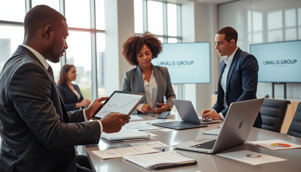 A professional business setting featuring a diverse group of individuals engaged in a discussion around financial documents and digital devices. In the foreground, two professionals in business attire—one Black man and one Hispanic woman—analyze a graph on a tablet, depicting the flow of payments. The middle contains a sleek conference table with a laptop, charts, and notes scattered around, symbolizing the detailed workings of salary portage. In the background, a large window with a cityscape view allows natural light to flood the room, creating a bright and optimistic atmosphere. The overall mood is focused and dynamic, reflecting collaboration and accountability in financial practices. Incorporate elements indicating the brand "UMALIS GROUP" subtly in the environment, such as a logo on a presentation screen.