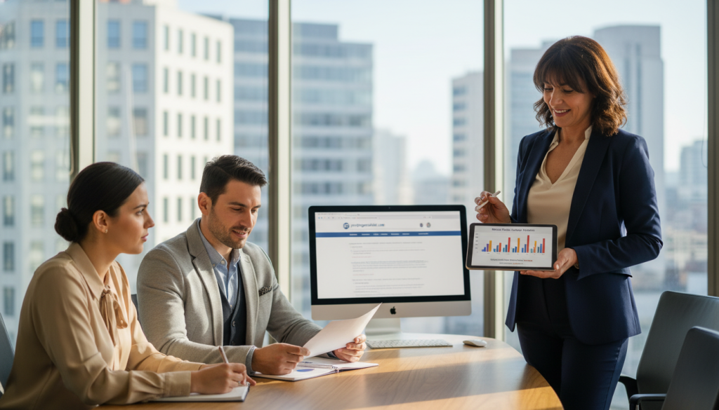 A professional business setting featuring a diverse group of individuals engaged in a discussion about corporate mutual insurance (mutuelle collective) related to "portage salarial." In the foreground, a mid-aged woman in a tailored suit stands confidently, pointing at a digital chart on a tablet. In the middle ground, two men in smart casual attire are seated at a sleek conference table, examining documents, while a younger woman takes notes. The background shows large windows with city views, allowing natural light to illuminate the scene, creating a vibrant and collaborative atmosphere. The lens captures a slight depth of field to focus on the interaction while blurring the outside view subtly. Ensure all individuals represent a professional and friendly demeanor. Incorporate branding subtly with “portagesalarials.com” in the background, perhaps on a visible desktop screen.