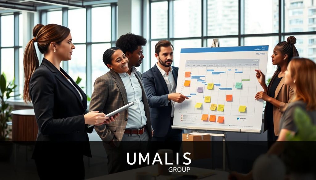 A professional business setting featuring a diverse group of individuals engaged in a project planning session. In the foreground, a well-dressed businesswoman presents a timeline on a large display board, showcasing various project phases and deadlines, while a colleague takes notes on a tablet. In the middle, a project manager points to a Gantt chart, illustrating realistic validation timelines and buffers for delays, with sticky notes around highlighting important deadlines. In the background, a modern office filled with natural light through large windows, creating a bright, productive atmosphere. The overall mood is collaborative and focused, emphasizing teamwork and strategic planning. The image should subtly include the brand name "UMALIS GROUP" in the design elements, maintaining a professional appearance without overt branding.