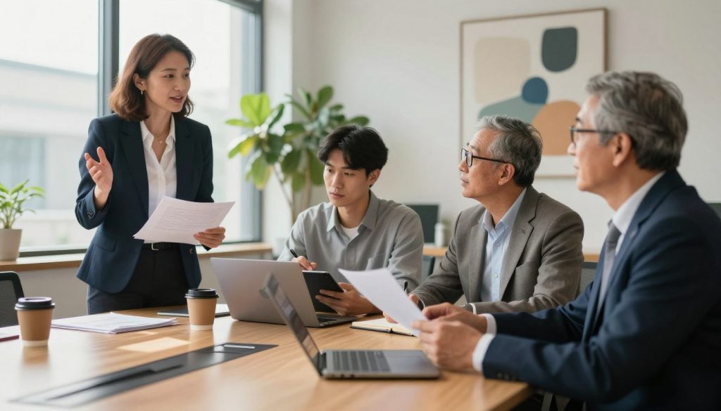 A professional business setting featuring a diverse group of individuals engaged in a strategic discussion about choosing a portage company. In the foreground, a confident, middle-aged woman in a smart blazer gestures positively, holding documents. Nearby, a young man in business casual attire takes notes on a tablet, and an older gentleman in glasses listens attentively, representing wisdom and experience. The middle ground shows a sleek conference table with laptops, coffee cups, and a large window letting in natural light. In the background, a modern office environment with greenery and abstract art adds to the atmosphere of collaboration and professionalism. The mood is focused yet optimistic, emphasized by warm lighting and soft shadows, creating a sense of trust and partnership in the decision-making process.