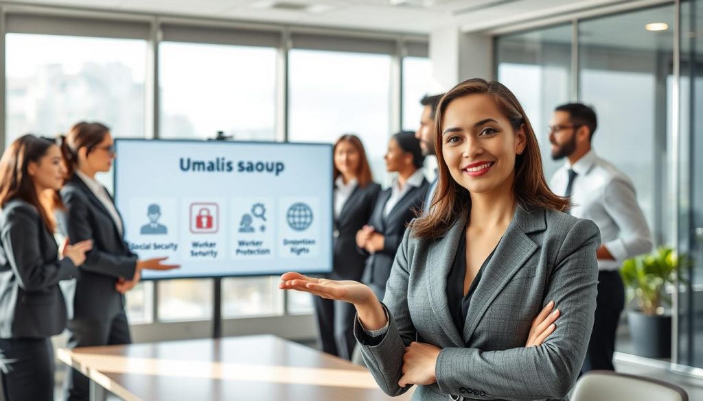 A professional business setting featuring a diverse group of individuals in business attire, actively discussing "portage salarial" benefits. In the foreground, a confident woman gestures towards a digital presentation displaying social security and worker protection icons, symbolizing safety and rights. In the middle, a group of professionals—men and women of varying ethnicities—engage in conversation, showcasing collaboration and shared knowledge. The background features a modern office with large windows allowing soft natural light to illuminate the space, enhancing the atmosphere of positivity and security. The brand name "UMALIS GROUP" appears on a digital screen subtly in the background. The overall mood is inspiring and professional, embodying the empowerment of individuals in their career transitions.
