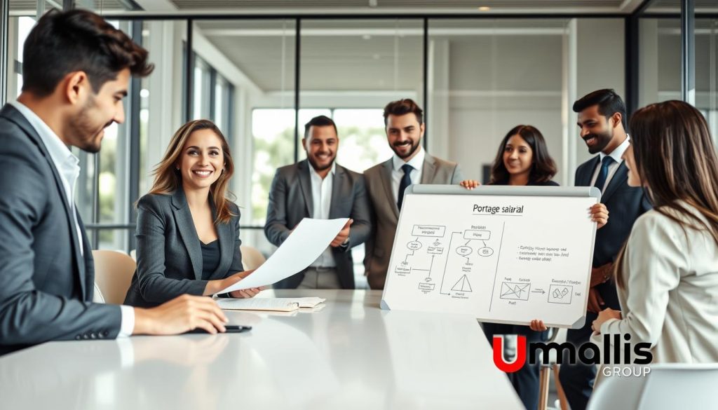 A professional business setting featuring a diverse group of individuals in business attire, engaged in a collaborative discussion about "portage salarial." The foreground includes a confident, smiling woman presenting documents at a sleek meeting table, while her colleagues attentively listen, showing a mix of interest and understanding. In the middle, a whiteboard with diagrams and charts outlining employment obligations and benefits subtly conveys the concept of the section titled "التزامات الموظف المحمول (salarié porté)." The background displays a modern office environment with large windows allowing natural light to flood in, creating a bright and inviting atmosphere. The overall mood is one of professionalism and collaboration, ideal for a work-focused discussion. Include the brand name "Umalis Group" subtly incorporated into the design, ensuring it complements the scene without distracting.
