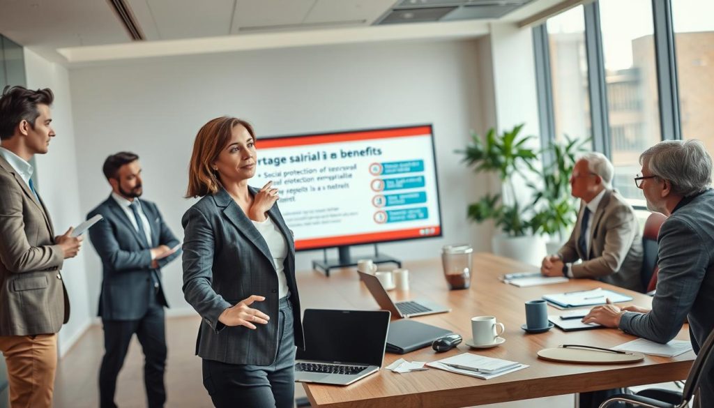 A professional business setting featuring a diverse group of people engaged in a discussion about "portage salarial" and its benefits. In the foreground, a middle-aged woman in a smart blazer stands confidently, pointing at a presentation on a screen that highlights the key aspects of social protection and remuneration. To her left, a young man in business attire takes notes, while an older gentleman leans in, listening attentively. The middle ground displays a large conference table with laptops, documents, and coffee cups scattered about, suggesting a dynamic working environment. In the background, a sleek office with large windows invites natural light, creating a bright and optimistic atmosphere. The image captures a sense of collaboration, security, and flexibility, reflecting the benefits of "portage salarial". A professional business setting featuring a diverse group of people engaged in a discussion about "portage salarial" and its benefits. In the foreground, a middle-aged woman in a smart blazer stands confidently, pointing at a presentation on a screen that highlights the key aspects of social protection and remuneration. To her left, a young man in business attire takes notes, while an older gentleman leans in, listening attentively. The middle ground displays a large conference table with laptops, documents, and coffee cups scattered about, suggesting a dynamic working environment. In the background, a sleek office with large windows invites natural light, creating a bright and optimistic atmosphere. The image captures a sense of collaboration, security, and flexibility, reflecting the benefits of "portage salarial".